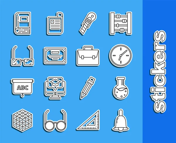 Set line Sonnerie, laboratoire chimique de tube à essai et de fiole, horloge, couteau de papeterie, modèle de certificat, lunettes, livre et porte-documents icône. Vecteur — Image vectorielle