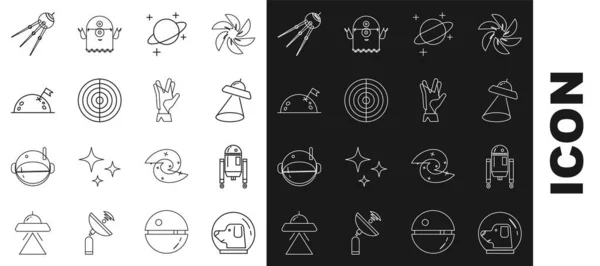 Set line Dog em capacete de astronauta, Robô, Nave voadora UFO, Planeta, Estrutura da Terra, com bandeira, Satélite e ícone de saudação vulcana. Vetor —  Vetores de Stock