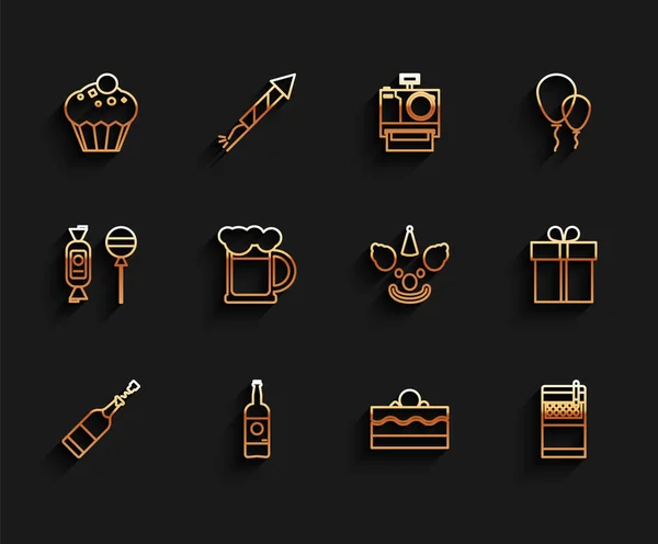 Set line Champagne bottle, Beer, Muffin, Cake, Open cigarettes pack box, Wooden beer mug, Gift and Clown head icon. Vector Royalty Free Stock Vectors