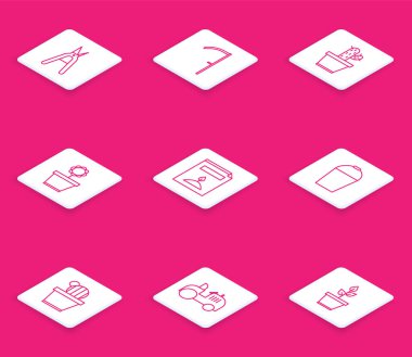 Bahçıvanlık el yapımı makas, Tırpan, Kaktüs sulu tencere, Çiçek, bir paket özel bitki, Kova ve Traktör ikonu. Vektör