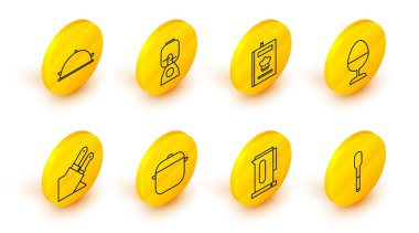 Sıralı kaşık, saplı çaydanlık, pişirme kabı, bıçak, tavuk yumurtası standı, yemek kitabı, karıştırıcı ve kaplanmış yemek ikonu. Vektör