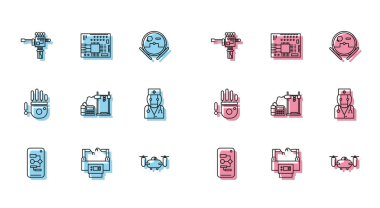 Hat Algoritması, Assembly hattı, Mekanik robot el ve tornavida, İHA 'nın aksiyon kameralı uçuşu, 3D yazıcı, robot doktor ve baskılı devre kartı PCB simgesi. Vektör
