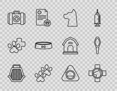 Hayvan taşıma çantası, veteriner kliniği sembolü, Cat, Paw baskısı, ilk yardım çantası, yemek kasesi, yatak ve evcil hayvan ikonu. Vektör