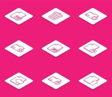 Satır TXT dosya belgesi, Çöp kutusu, saati olan belge dizini, Yeni, EPS, Silme, Sonraki sayfa ok ve simgesi ekle. Vektör