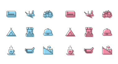 Set hattı kahve fincanı, sinema kamerası, kredi kartı, dağlar, yürüyüş sırt çantası, Beanie şapkası, turist çadırı ve İsviçre çakısı ikonu. Vektör