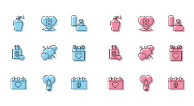 Takvimi 8 Mart 'la ayarla, kalp şeklinde ampul, parfüm, hediye kutusu ve kalp, alışveriş torbası ve ikon. Vektör