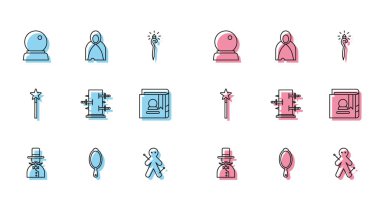 Sihirbaz, el aynası, top, vudu bebeği, sihir numaraları için bagaj, Eskiler 'in kitabı, değnek ve manto, pelerin, pelerin ikonu. Vektör