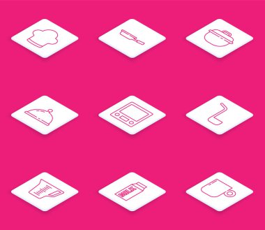 Şef şapkası, tava, tencere, tepsiyle kaplanmış yemek tepsisi, elektronik pullar, mutfak kepçesi, ölçü kabı ve süt ikonu için kağıt paket. Vektör