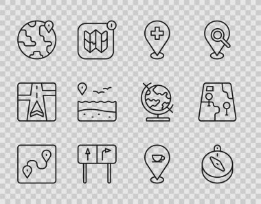 Hat güzergahı, pusula, çapraz sağlık, trafik işareti, dünyanın konumu, plaj, kahve fincanı ve şehir haritası ikonu. Vektör