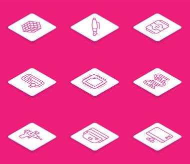 Hat Rubik küp, dolmakalem ucu, enerji içeceği, sertifika şablonu işlemci, işlemci, kitap, ışın tabancası ve muz ikonu. Vektör