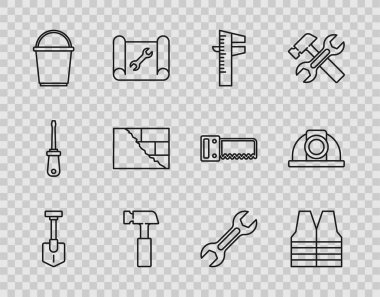 Kürek, güvenlik yeleği, Calliper veya kalibre ve ölçek, Hammer, Bucket, Bricks, İngiliz anahtarı ve işçi kaskı ikonu. Vektör