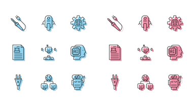 Elektrik kablosu, yapay zeka, lehimleme demiri, düşük akü şarjı, parçalanmış robot, insanımsı, teknik özellik ve simge. Vektör