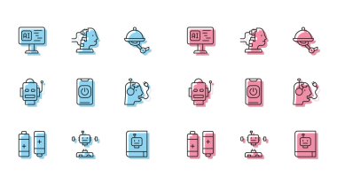 Batarya, Parçalanmış Robot, Yazılım, Kullanıcı Kılavuzu, Telefonu kapat, Robot şarj bataryasını kapat, ve bakım simgesi için. Vektör