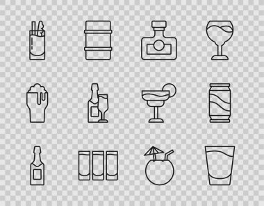 Şampanya şişesi, shot bardağı, alkol içeceği rom, kokteyl Bloody Mary ve Coconut kokteyli ve bira ikonu. Vektör