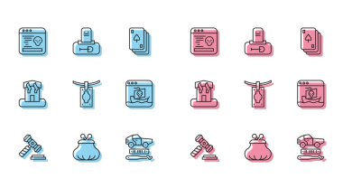 Yargıç tokmak, cüzdan, sistem hatası, araba hırsızlığı, kara para aklama, internet korsanlığı, kundakçılık ve mezar taşı ikonlu mezar taşı. Vektör