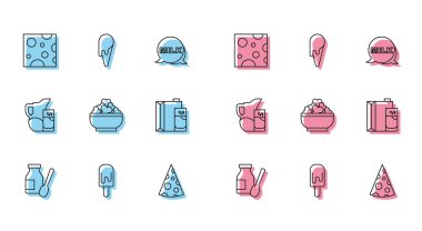 Şişe içinde yoğurt, dondurma, peynir, süzme peynir süt için kağıt paketi sürahi sürahi ve bardak ve waffle konisi ikonu. Vektör