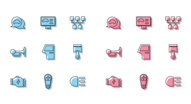 Hat kontrol motoru, zaman ayarlı kemer kiti, araba servisi, yüksek kiriş, kapı, motor pistonu, sinyal kornası aracı ve araba simgesinin tanısal durumu. Vektör