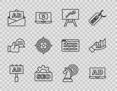 Satır Reklamcılığını ayarla, Grafik tablosu olan tahta, SEO optimizasyonu, Hedef, Satranç ve Turta bilgi simgesi. Vektör