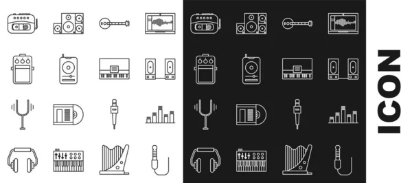 Set line Audio jack, Music equalizer, Stereo speaker, Banjo, player, Guitar pedal, tape and Piano icon. Вектор — стоковый вектор