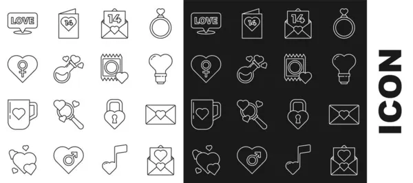 Set line Envelop met Valentijnshart, Hartvormige gloeilamp, flessenliefdesdrank, vrouwelijk geslacht, tekst van de tekstbel en pictogram van de condoomverpakking. Vector — Stockvector