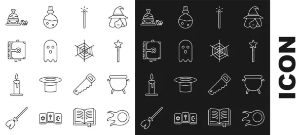 Set line Fireball, Witch ketel, Magic wand, Ghost, Ancient magic book, stone and Spider web icon. Vector — Stockvector