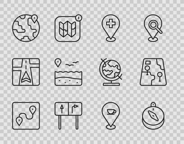Setzen Sie die Route Position, Kompass, Medical mit Kreuz, Verkehrszeichen, Lage des Globus, Strand, Kaffeetasse und Stadtplan-Navigationssymbol. Vektor — Stockvektor