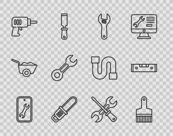 Set line Mobile service, Paint brush, Adjustable wrench, Chainsaw, Electric drill machine, Wrench spanner, Screwdriver and and Construction bubble level icon. Vector — Stock Vector