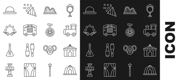 Набор линии цирковой палатки, игрушечный поезд, американские горки, повозка, жонглирующий мяч, шапка клоуна и Unicycle или один колесный велосипед значок. Вектор — стоковый вектор