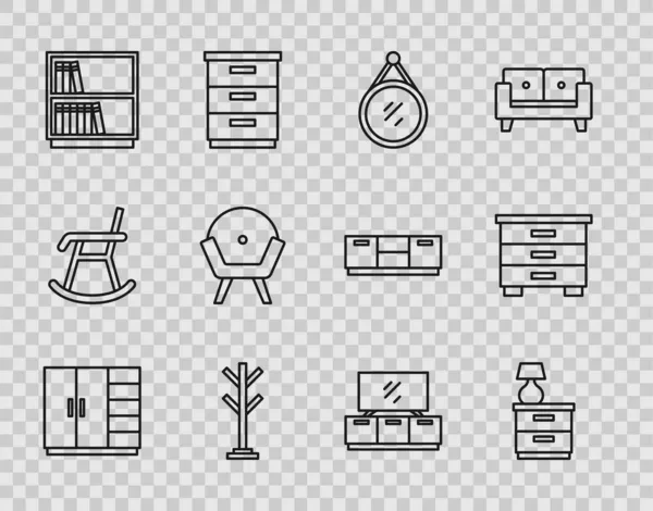 Set line Armario, Muebles de mesa de noche con lámpara, Espejo, Abrigo, Biblioteca estantería, Sillón, mesa de TV e icono. Vector — Archivo Imágenes Vectoriales