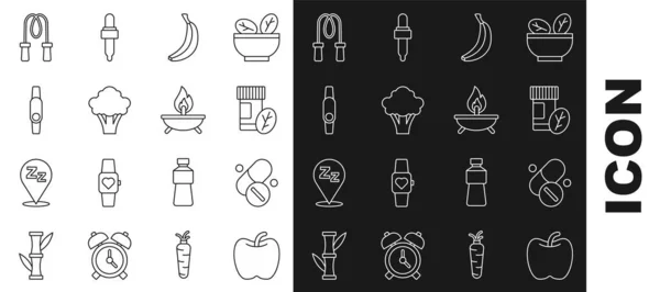 Set line Manzana, Vitamina píldora, plátano, brócoli, Smartwatch, saltar la cuerda y el icono de la vela Aroma. Vector — Archivo Imágenes Vectoriales