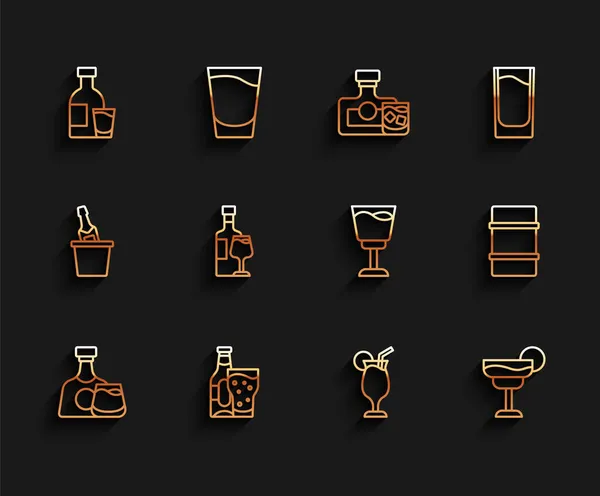 Zestaw linii butelka whiskey i szkło, piwo, butelka wódki z, koktajl, wino, beczka metalowego piwa i ikona. Wektor — Wektor stockowy