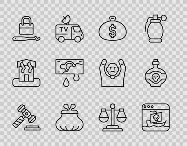 Set line Judge gavel, Internet piracy, Money bag, Wallet, Lock picks for lock picking, Bloody money, Scales of justice and Poison bottle icon. Vector — Stock Vector