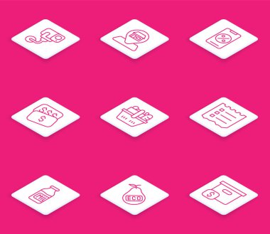 Sabit hat güvenlik kamerası, konum marketi, indirimli ve mobil, yeni fiyat etiketi dolar, alışveriş septi yiyeceği, liste, süt şişesi ve sağlıklı organik armut ikonu. Vektör