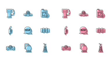 Metalik borular ve valf, petrol deposu, benzin istasyonu, sondaj, konum, benzin pompası başlığı ve ikonu ayarlayın. Vektör