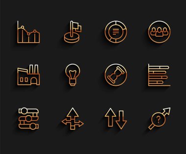 Çizgi, grafik, diyagram, ok, turta bilgisi, ampul ve kum ikonlu eski kum saati ayarla. Vektör