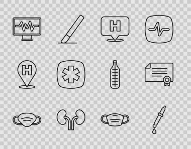 Tıbbi koruyucu maske, Pipette, konum hastanesi, insan böbrekleri, kardiyogramlı monitör, acil durum - Yaşam Yıldızı ve sertifika şablon ikonu. Vektör