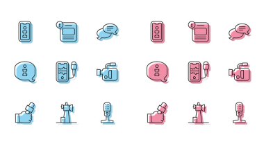 Set hattı gazetecileri, anten, bilgi, mikrofon, mobil kayıt, sinema kamerası ve ikon. Vektör