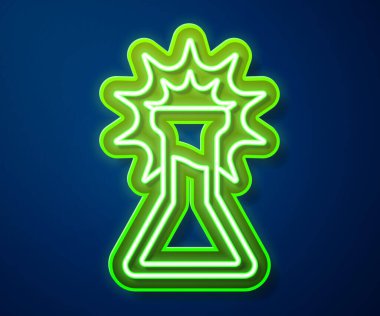 Parlayan neon hattı test tüpü ve mavi arka planda izole edilmiş matara simgesi. Kimyasal laboratuvar testi. Laboratuvar camları. Vektör