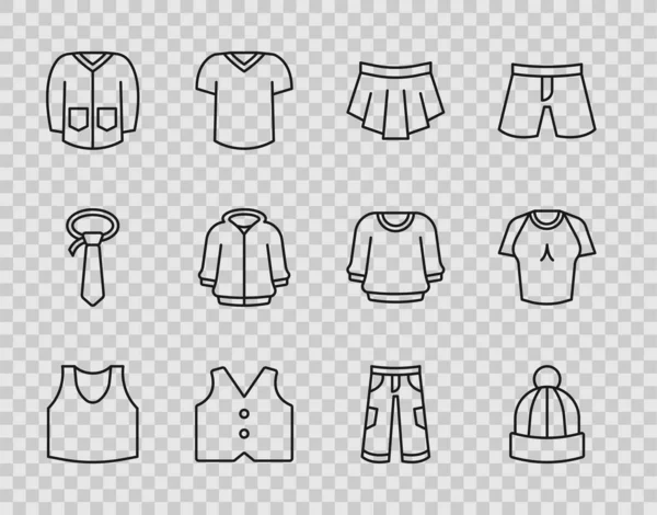 Beállítható alsó ing, téli kalap, szoknya, mellény, pulóver, kapucni, nadrág és póló ikon. Vektor — Stock Vector