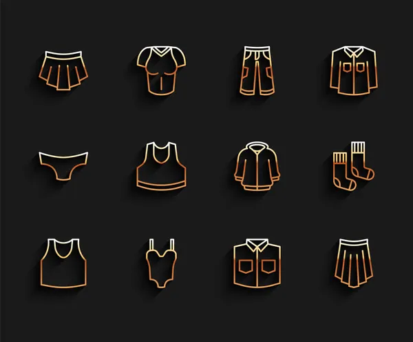 Set line Icono de camiseta, traje de baño, falda, camisa, calcetines y sudadera con capucha. Vector — Archivo Imágenes Vectoriales