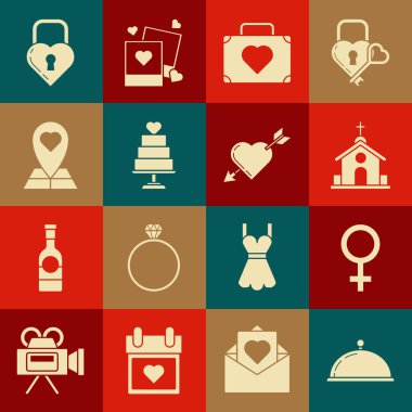 Tepsi dolusu yiyecek, kadın cinsiyeti sembolü, kilise binası seyahat kalbi, düğün pastası, harita işaretçisi, Şato şekli, Amour ve ok simgesi ile kaplanmış. Vektör