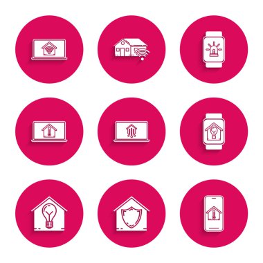 Akıllı ev dizüstü bilgisayarı, korunan ev, cep telefonu ev sıcaklığı akıllı saat ve ampul, alarm ve kablosuz ağ ikonunu ayarla. Vektör