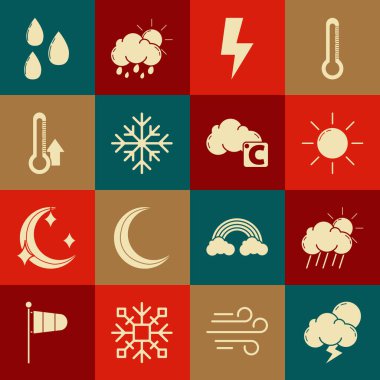 Fırtına, Bulut, yağmur ve güneş, Güneş, Şimşek, Kar Tanesi, Termometre, Su damlası ve Celsius bulut ikonu. Vektör