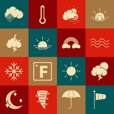 Koni meteoroloji rüzgar gülü, fırtına, dalgalar, rüzgarlı hava, gün doğumu, karlı bulut ve gökkuşağı bulutu ikonu. Vektör