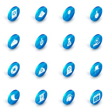 Mısır piramitleri, kurdeleli balonlar, David 'in yıldızı, Hanuka dreidel, Yahudi tatlı fırını, para, el ve para çantası ikonu. Vektör