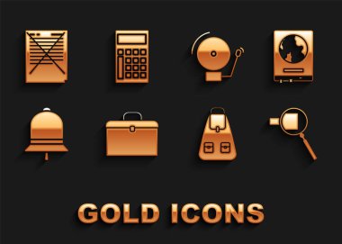 Evrak çantası, okul tahtasındaki dünya haritası, büyüteç, okul çantası, zil, alarm, sınav kağıdı yanlış cevap anketi ve hesap makinesi simgesi. Vektör