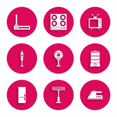 Elektrik fan ısıtıcısı, çift ısıtıcı, soğutucu, karıştırıcı televizyon ve yönlendirici ve kablosuz ağ sinyali ikonunu ayarla. Vektör.