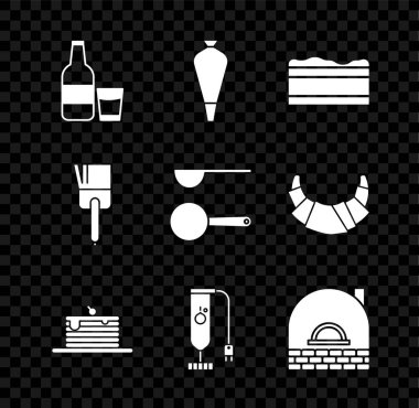 Süt ve cam hamur işi çantasıyla süsleme için cam şişeyi hazırla Brownie çikolatalı kek yığını krep Blender Brick fırça ve kaşık ikonu. Vektör.