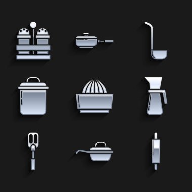 Citrus meyve sıkacağı kızartma tokası ölçek kabı Spatula Mutfak kepçesi, tuz ve biber ikonu. Vektör.