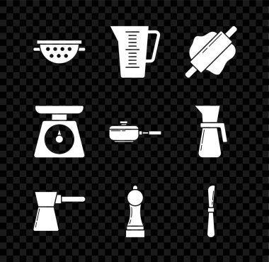 Mutfak kevgire çevirme ölçü kupası Rolling pin kahve Türk Biber Bıçağı pulu ve kızartma tavası ikonu hazırlayın. Vektör.